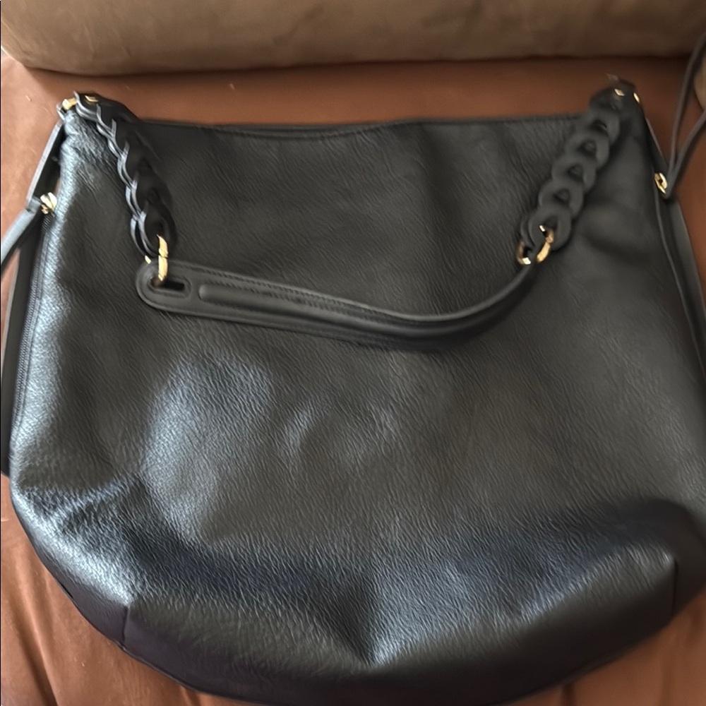 Black Leather Hobo Bag with Gold Hardware